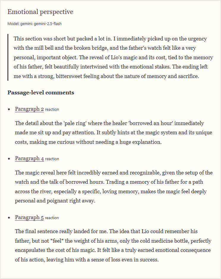 Preview of recorded emotional-perspective feedback linking the memory sacrifice to paragraphs two, four, and five.