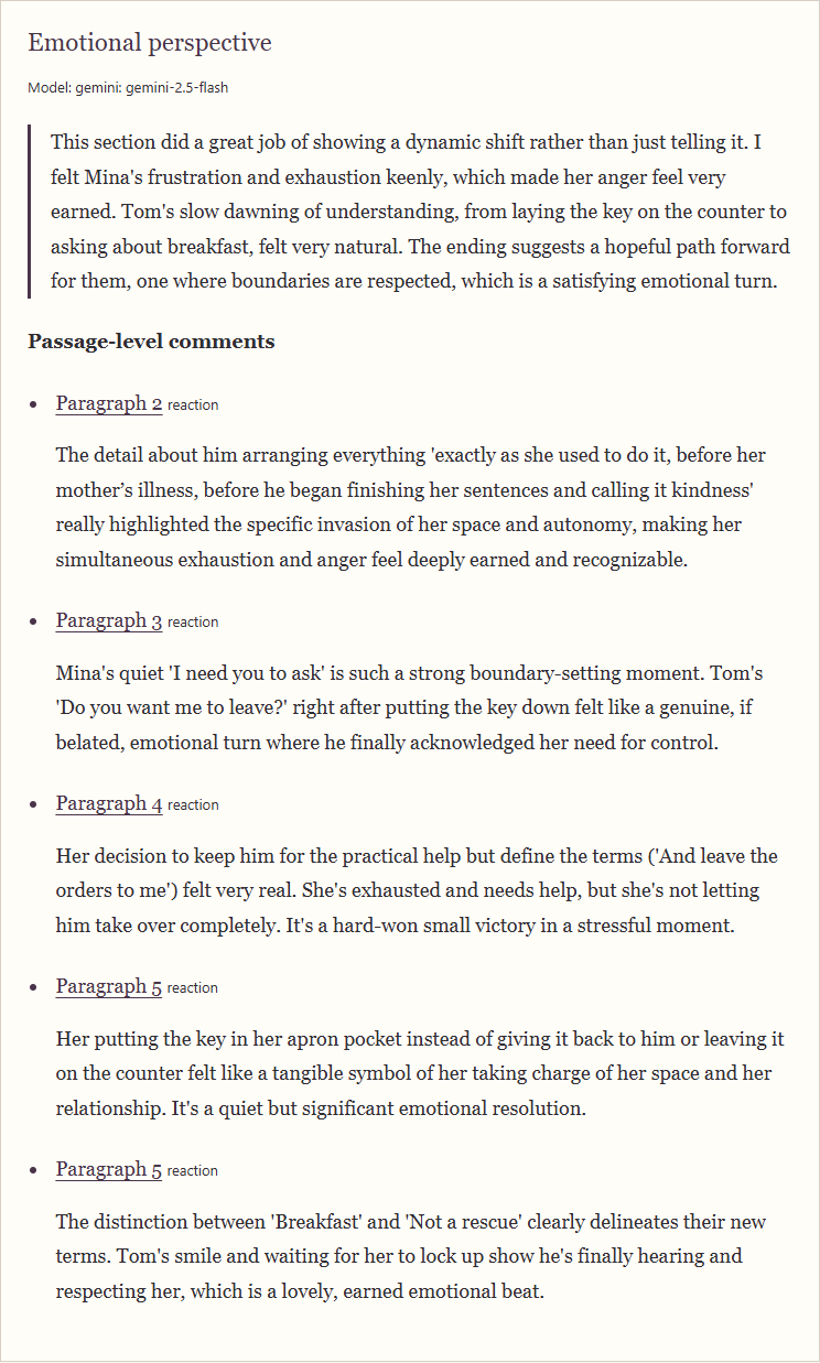 Preview of recorded emotional-perspective feedback about Mina setting boundaries and Tom beginning to respect them.